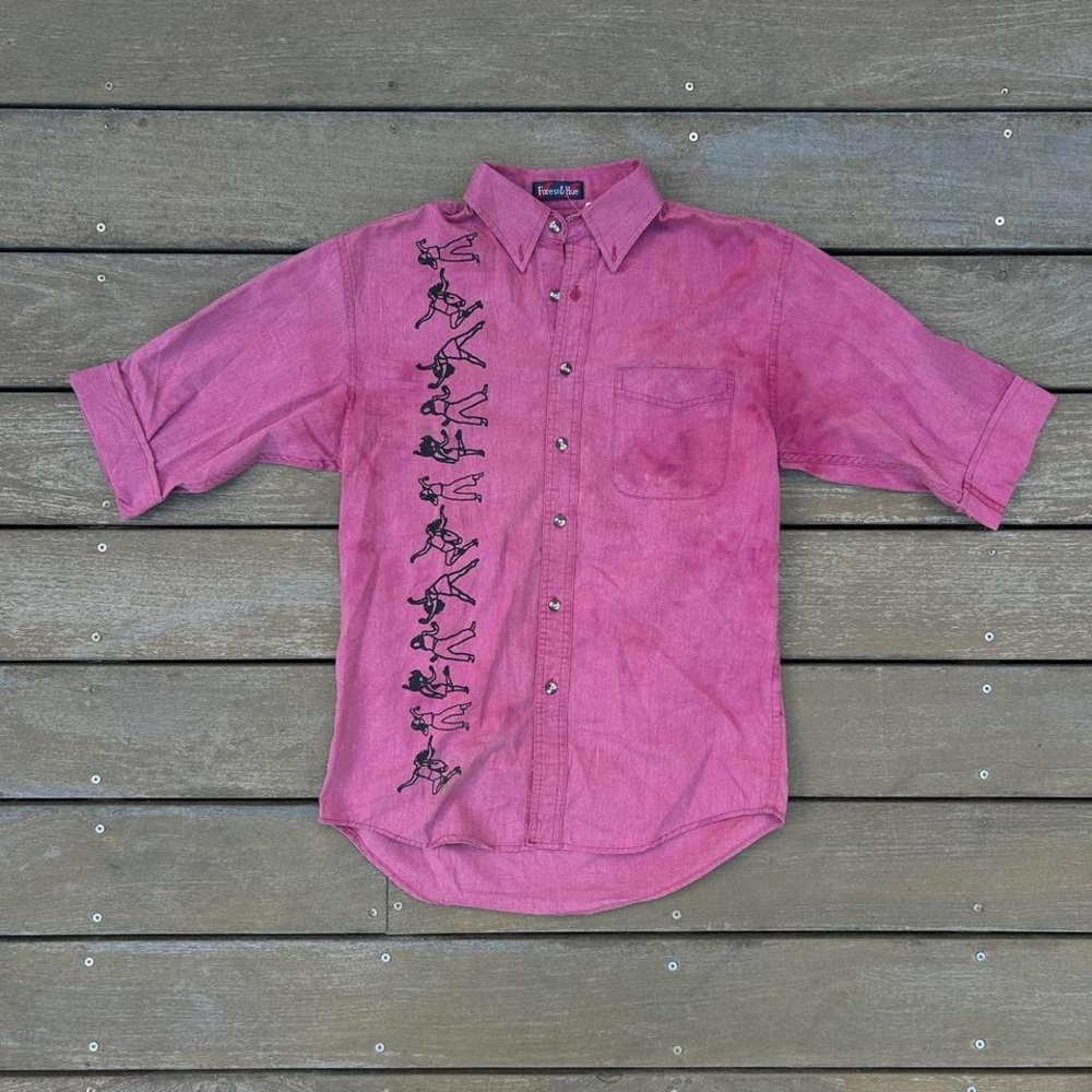 Vintage Pink Re-Worked Western Style Button Down Shirt w/ Hand Painted Graphic